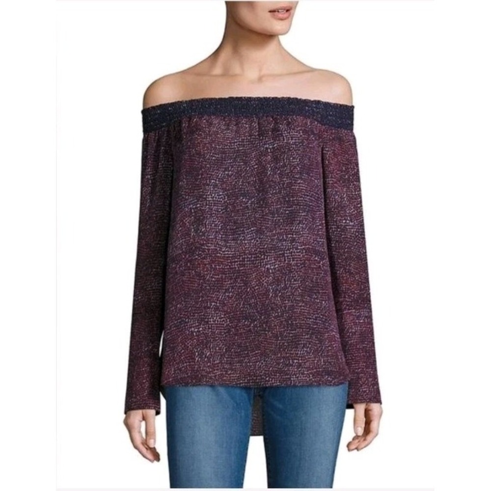 Derek Lam 10 Crosby 100% Silk Off Shoulder Top Blouse Size 2 Blue Orange Smocked
